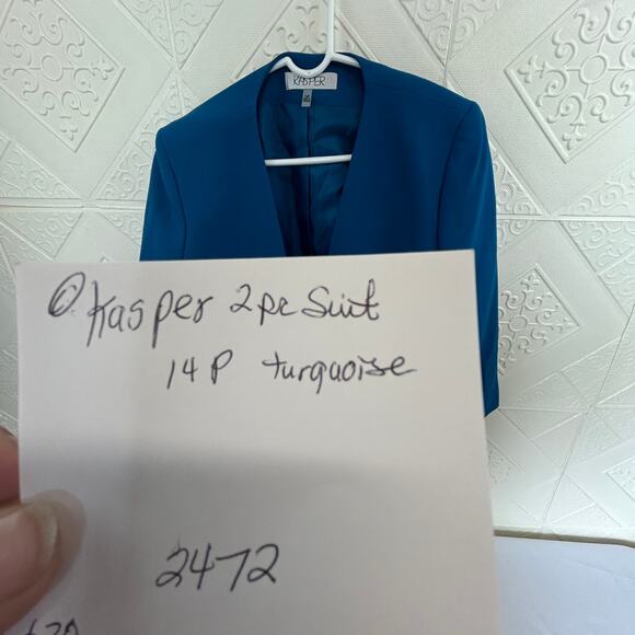 KASPER Size 14P Blue turquoise Skirt Suit Blazer Lined Jacket Vietnam - Picture 12 of 12